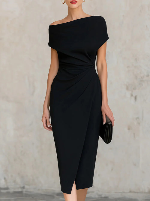 Minimalist Black Asymmetric One-Shoulder Midi Dress