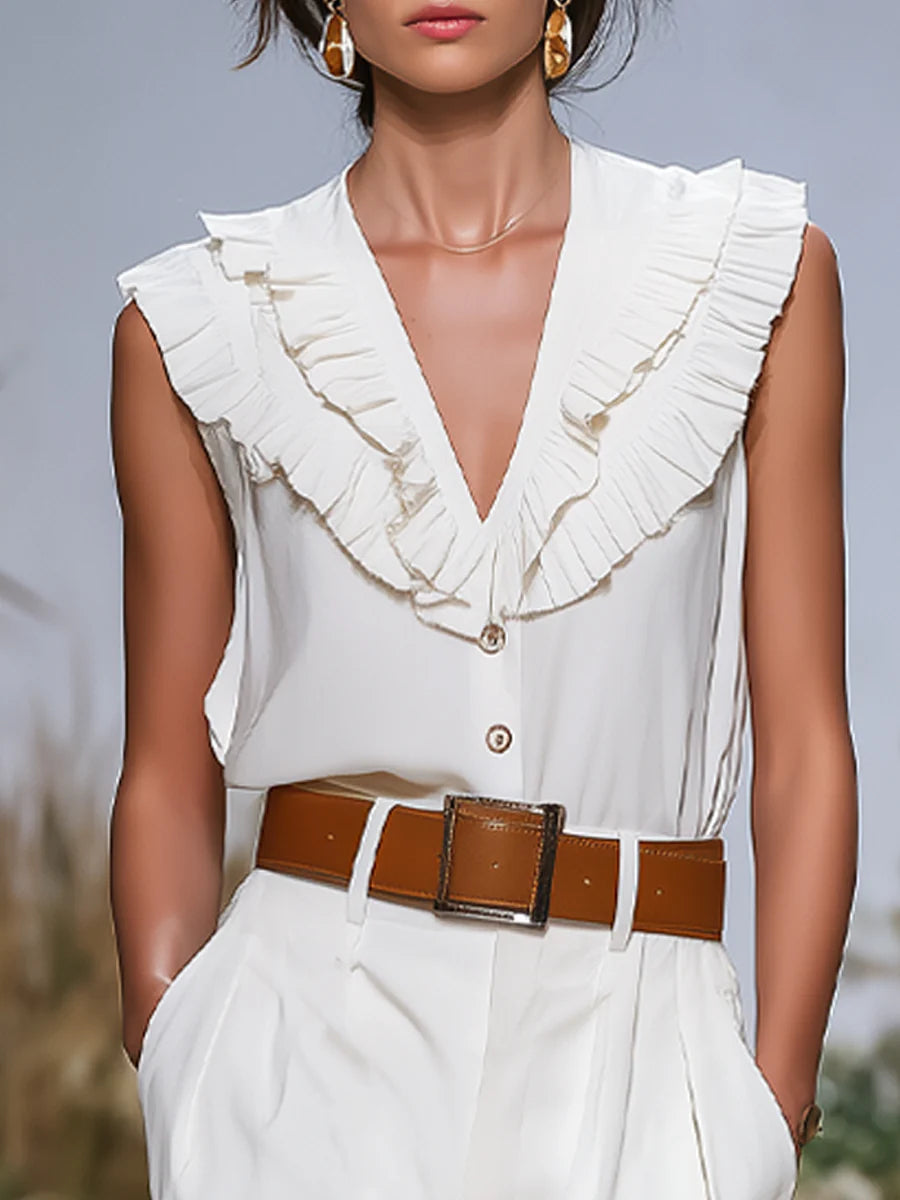 Ruffled V-Neck Sleeveless Belted Tailored Jumpsuit