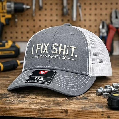 🔥Limited-Time: Buy 2,Get 1 Free!🔥Mesh Back Trucker Cap with "I Fix Shit" Embroidery – Breathable Outdoor Sun Hat🧢☀️